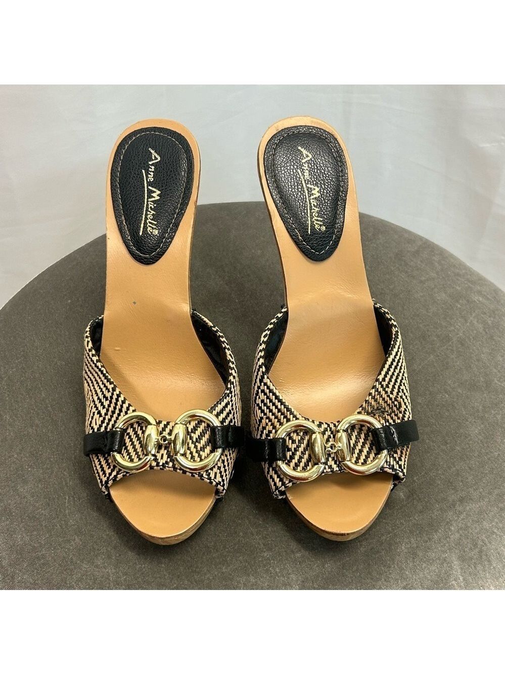 Anne Michelle black cream woven horsebit wooden cone heel clog mules Sz 8🇨🇦